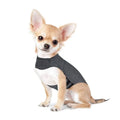 Heather grey dog anxiety vest shown on a model, illustrating its jacket style and fit.
