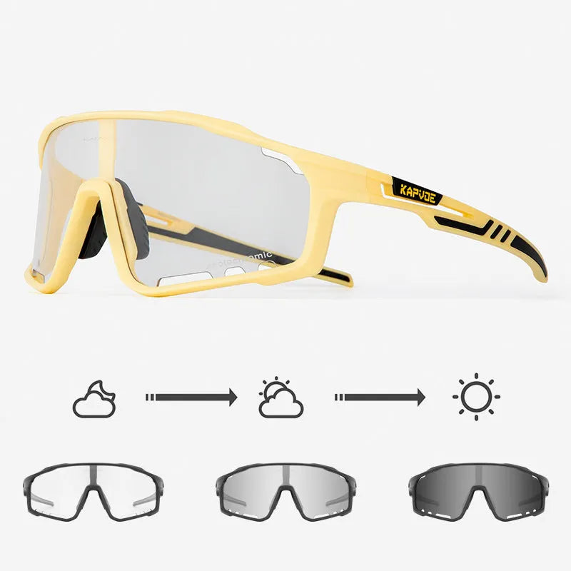 Photochromic cycling sunglasses with a semi-rimless TR90 frame shown in one of fourteen available colours.