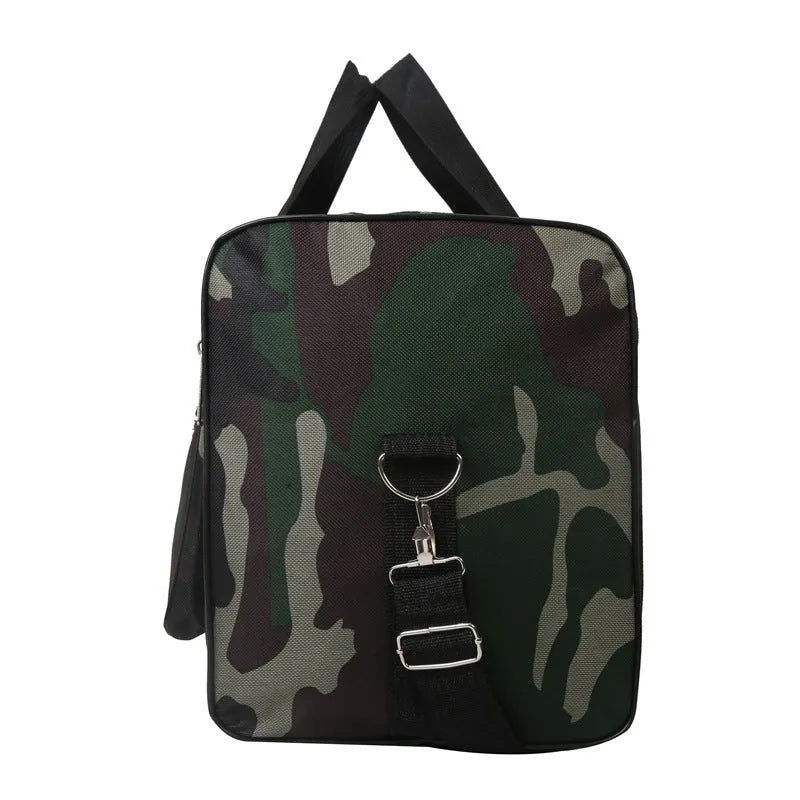 Large camouflage-coloured luggage bag made from waterproof fabric with striped lining.