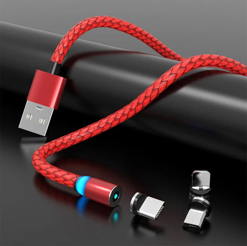 Magnetic smartphone charging cable with LED breathing light, showing black and gold colour options.