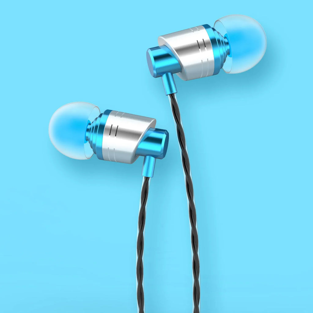 Black wired in-ear headphones with a 3.5mm plug, built-in microphone on cable, and silicone ear tips.