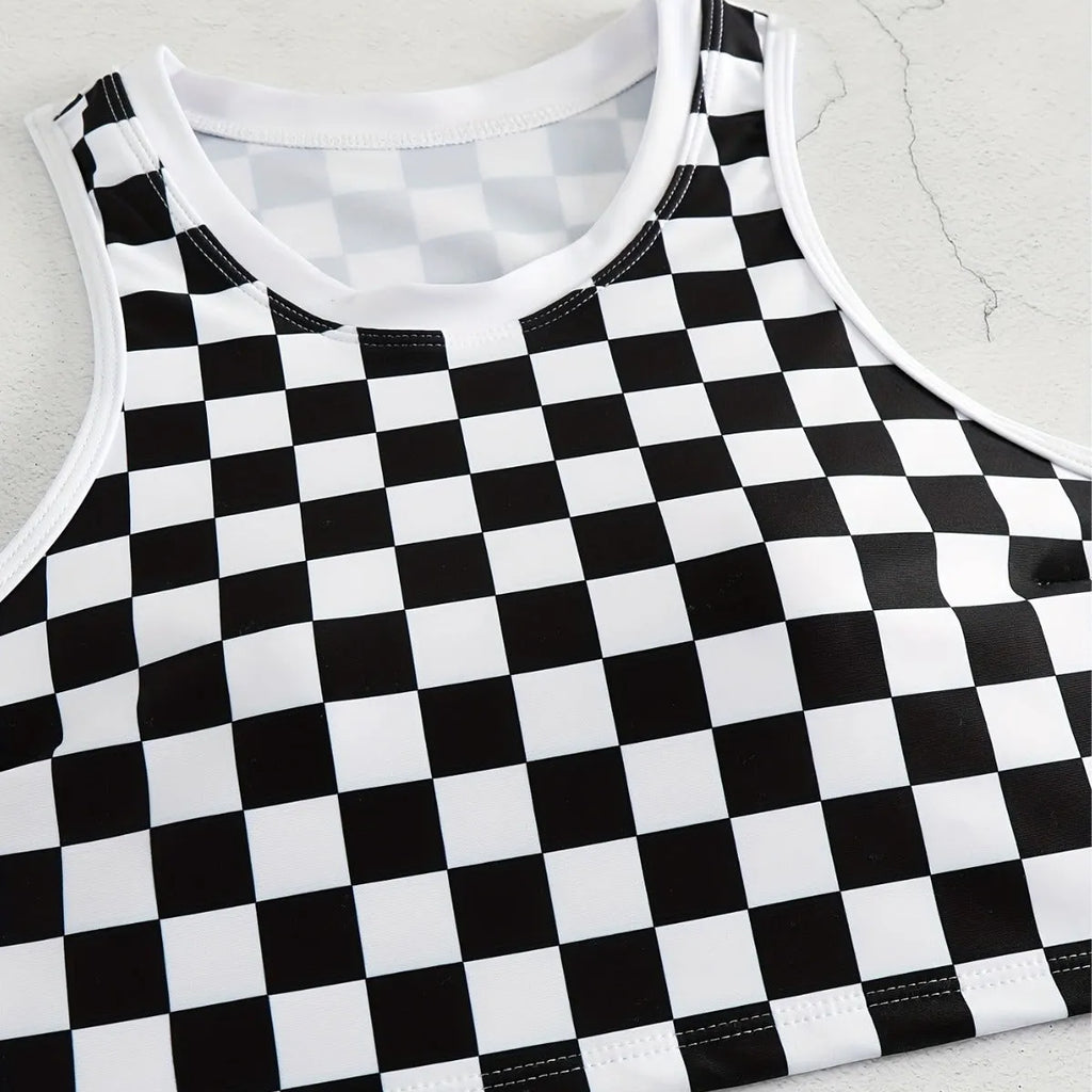 Women's black and white plaid racing one-piece swimsuit with backless design and adjustable suspender straps.