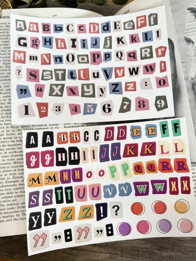 English letters and numbers symbol label stickers showing A-E letters and week words in cute printed designs