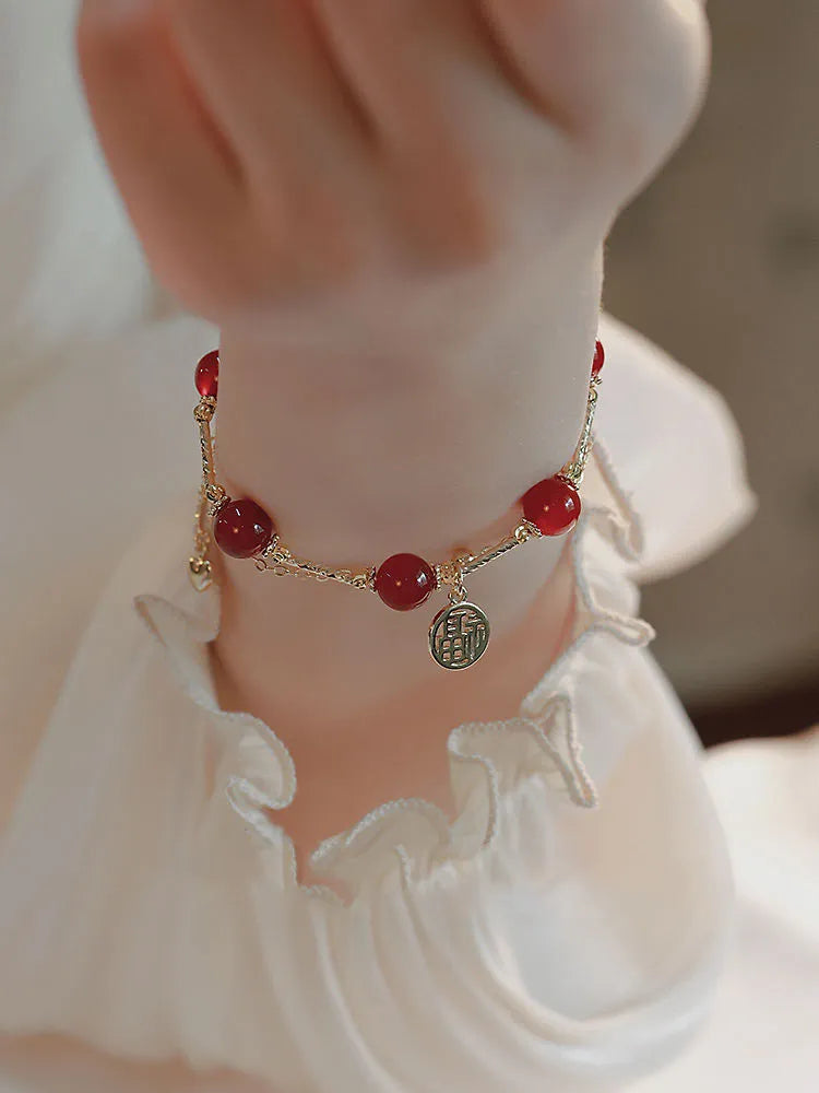 Red agate and alloy double-layer bracelet with blessing card charm in gift box