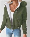 Women's casual hooded jacket with furry lining in Army Green – polyester long sleeve coat front view