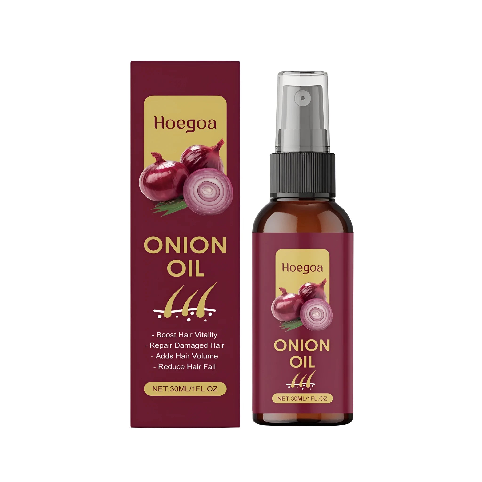 30ml bottle of onion hair care oil with ginger root and rosemary oils