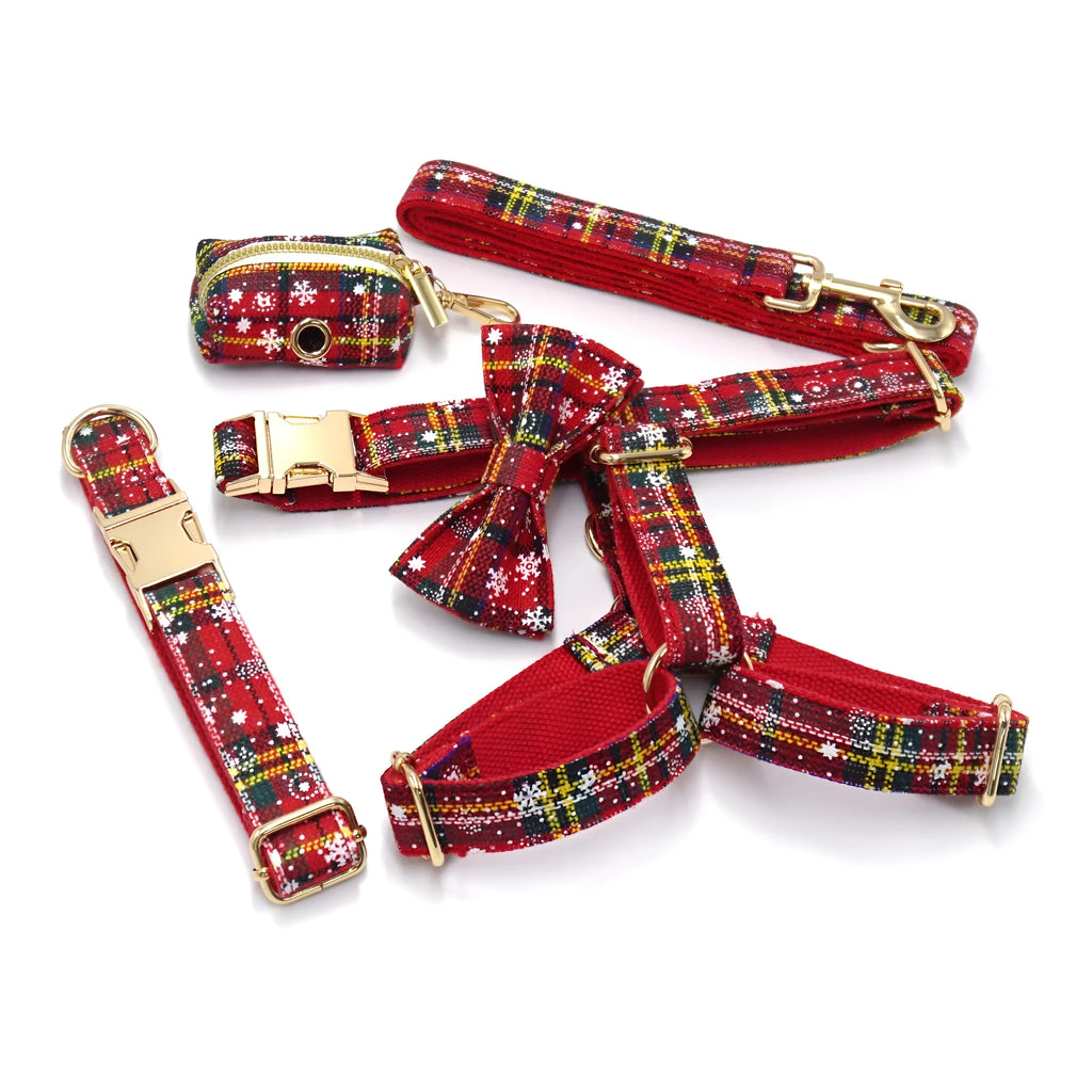 Red Christmas pet collar and harness set with matching leash, bow, and waste bag featuring laser-etched patterns