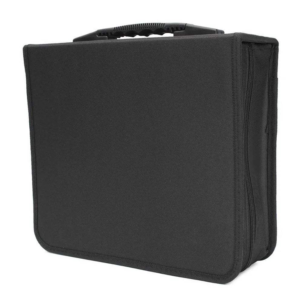 Black Oxford cloth CD storage binder with zipper and top hand strap for large disc collections