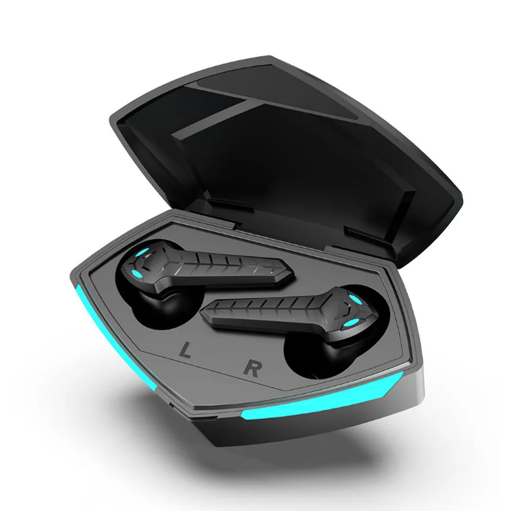 Black wireless in-ear Bluetooth headphones with charging case, showing low-latency gaming connectivity