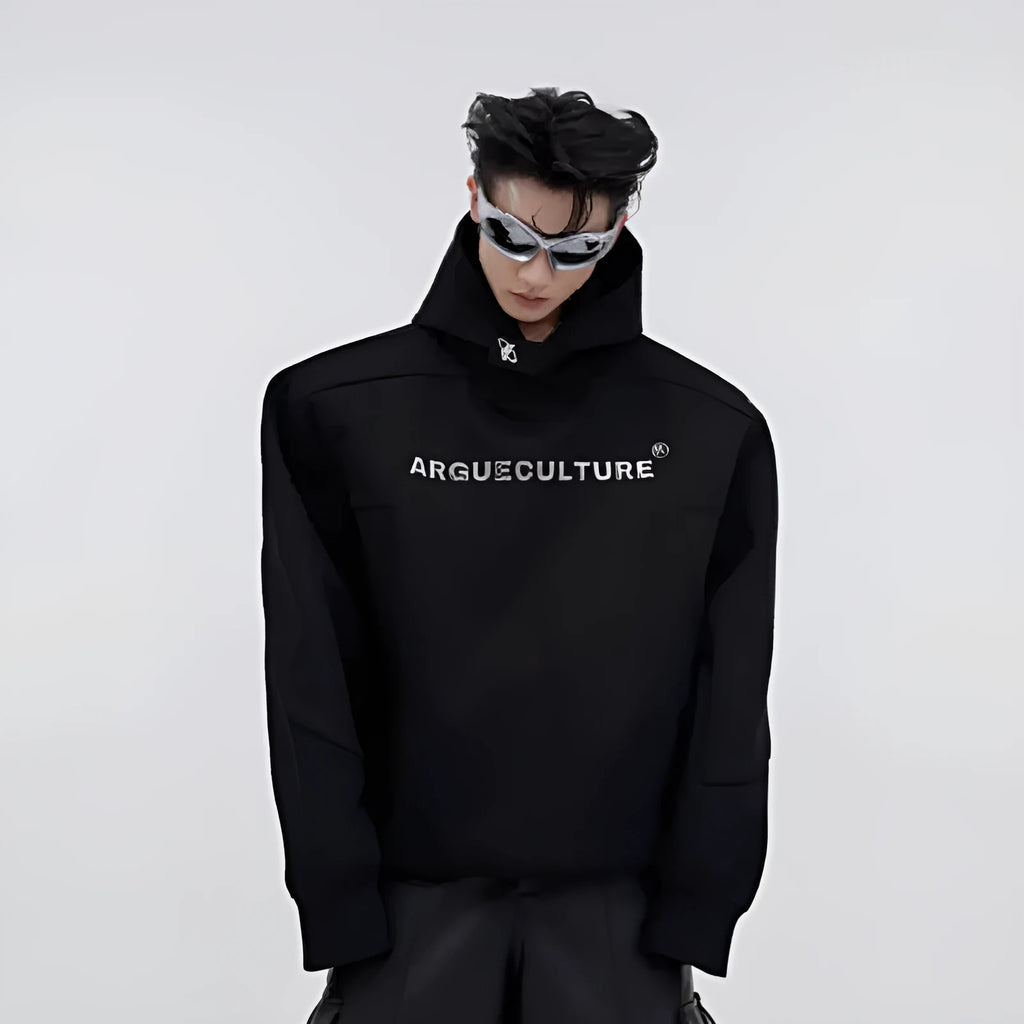 Men's red hooded sweater with three-dimensional metal printing and structured shoulder pads