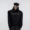 Men's red hooded sweater with three-dimensional metal printing and structured shoulder pads