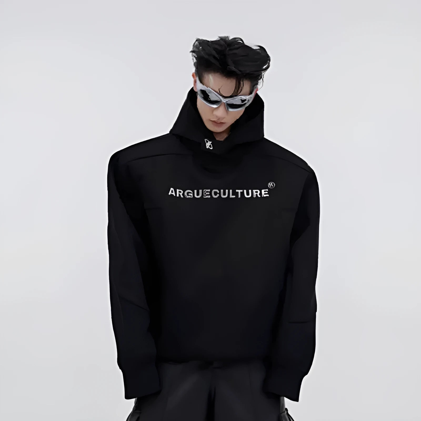 Men's red hooded sweater with three-dimensional metal printing and structured shoulder pads