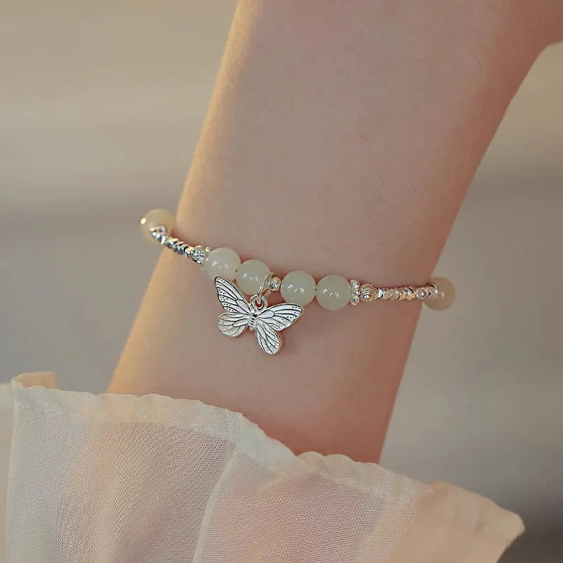 Hetian jade butterfly bracelet and necklace set with electroplated silver finish