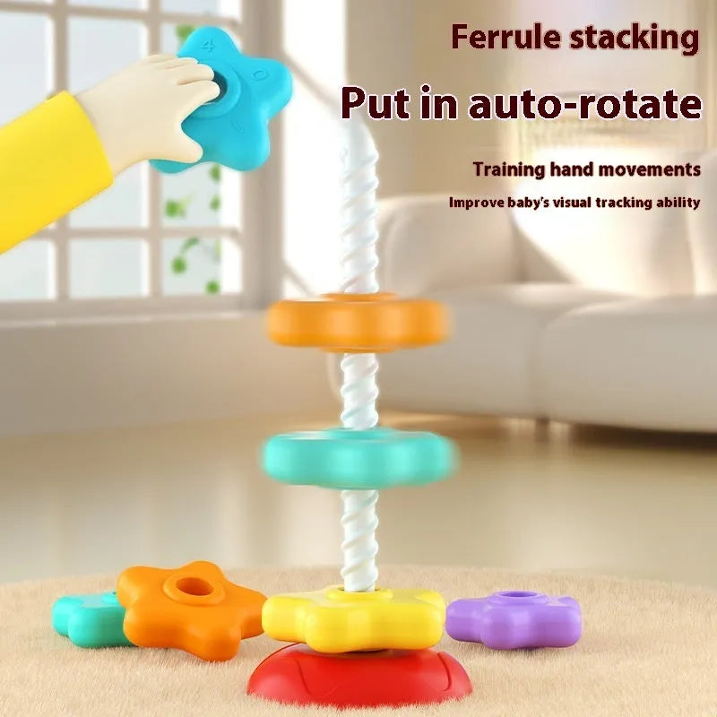 Rainbow rotating tower Jenga stacking toy with plastic pieces in 3-layer or 5-layer configuration for early education