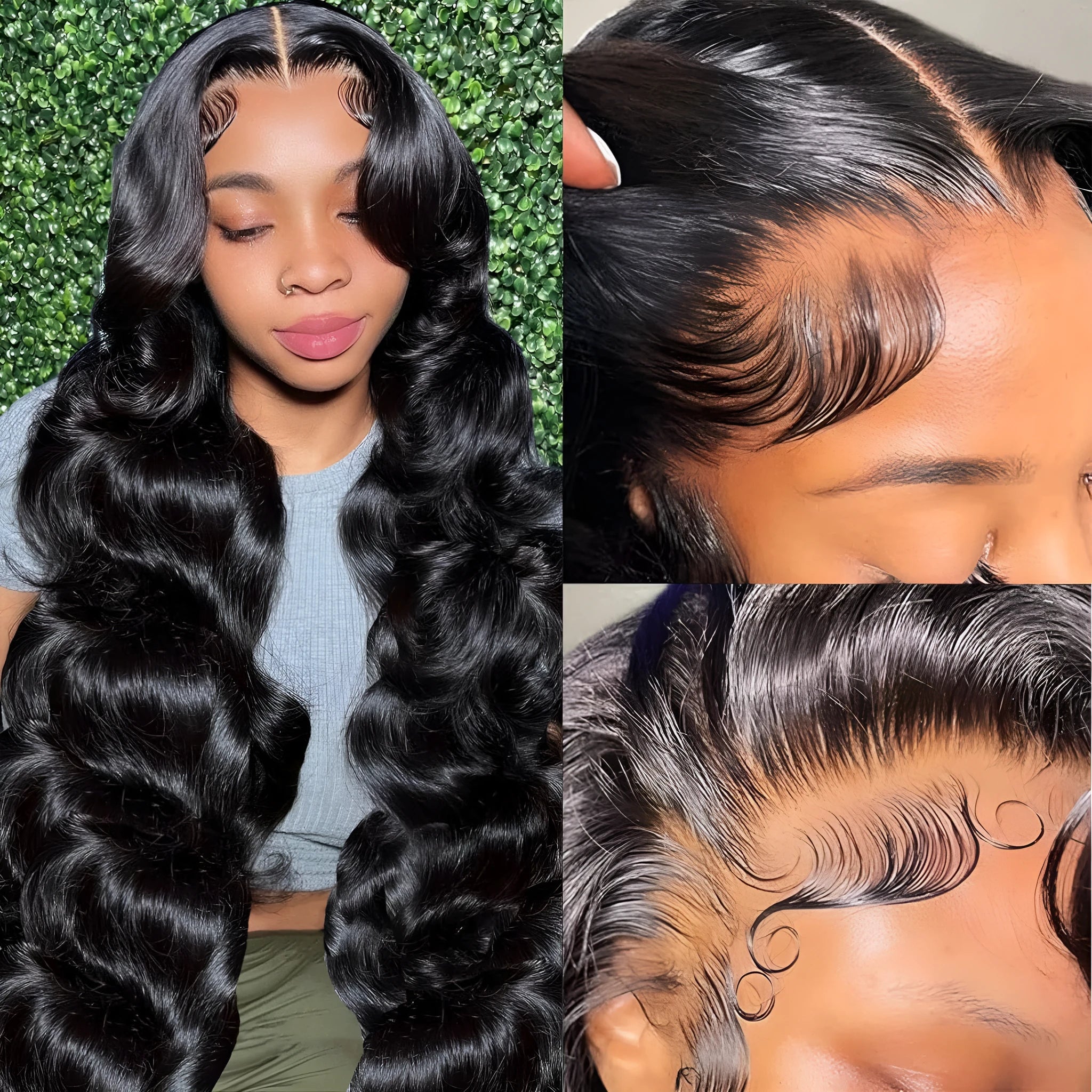 A woman wearing a black medium-length curly synthetic wig with full head coverage.
