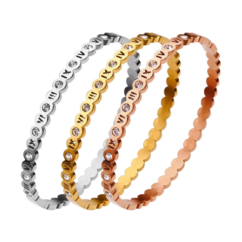 Korean-style titanium steel bracelet with electroplated finish in gold, rose gold or steel colour featuring number design elements