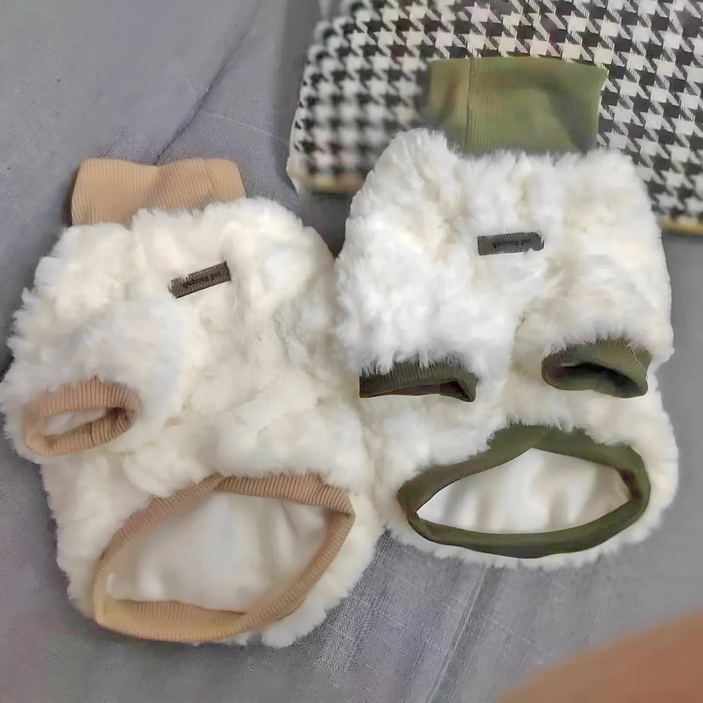 Creamy green turtleneck plush dog coat on small breed with detailed sizing chart showing chest and back measurements.