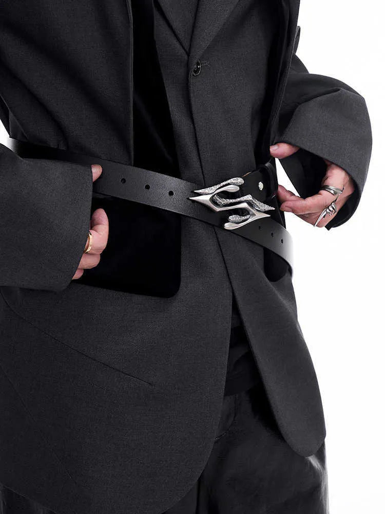 Black leather belt with metal letter buckle showing 110cm length