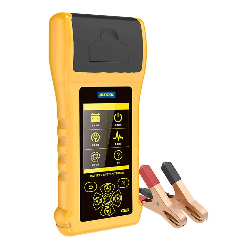 Autool BT-760 colour screen vehicle battery tester with red and black alligator clips.