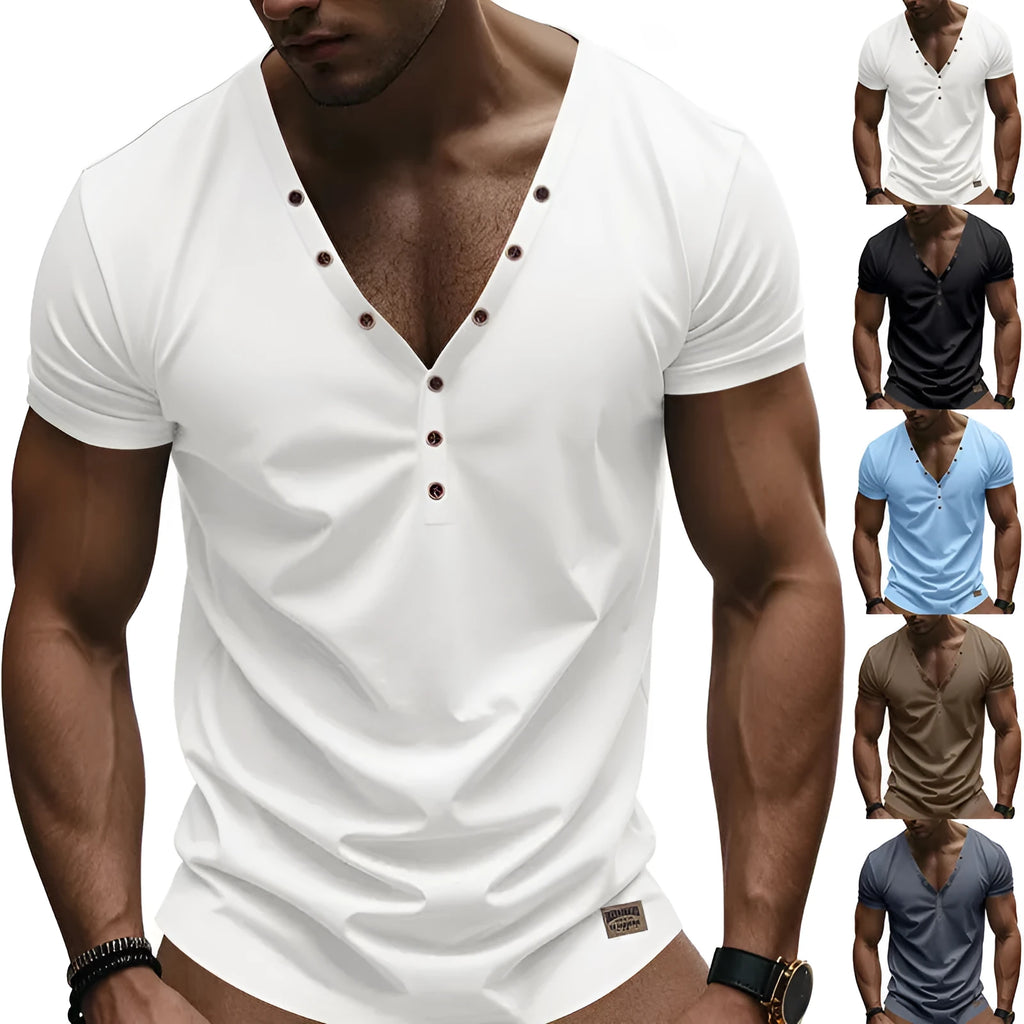 Men's loose thin V-neck pullover top in a solid colour with button detail