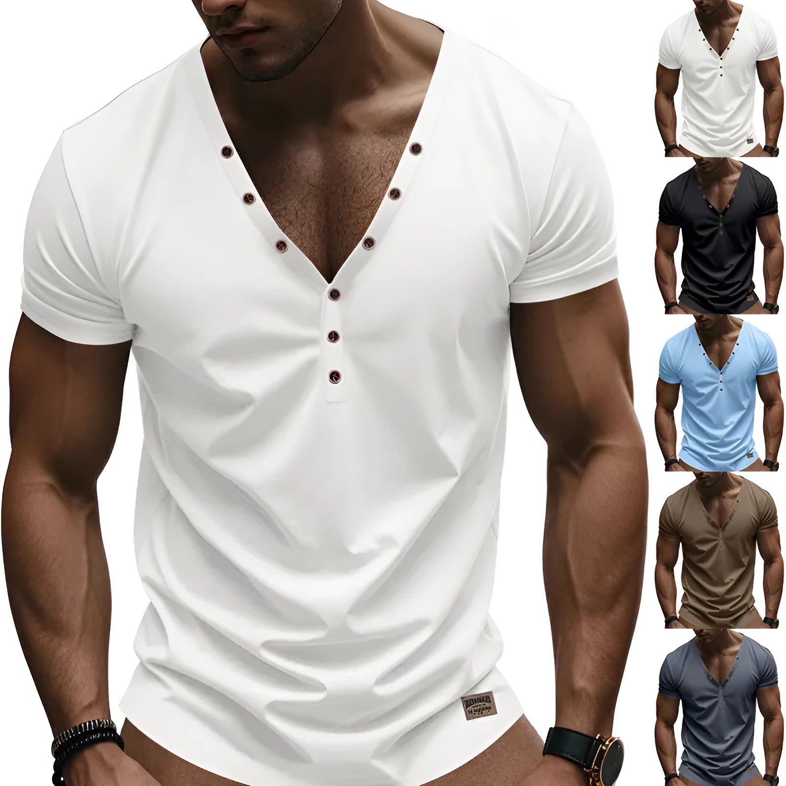 Men's loose thin V-neck pullover top in a solid colour with button detail