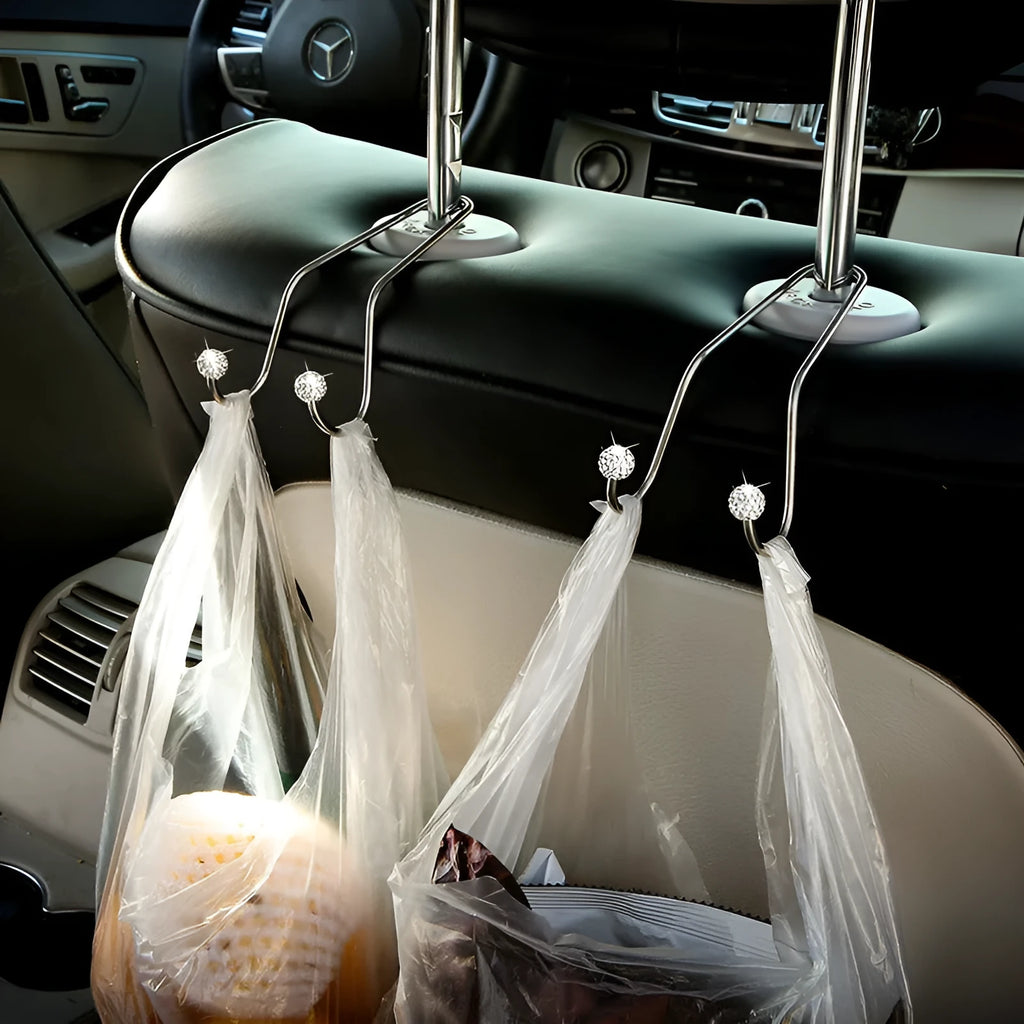 Pair of stainless steel car seat hooks with decorative rhinestones in assorted colours