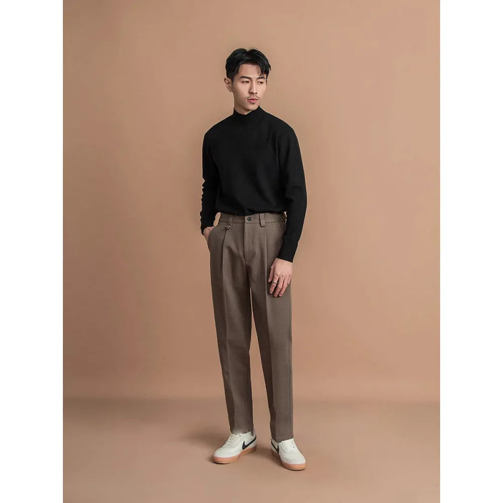 Men's straight-leg drape style suit trousers in four colour options