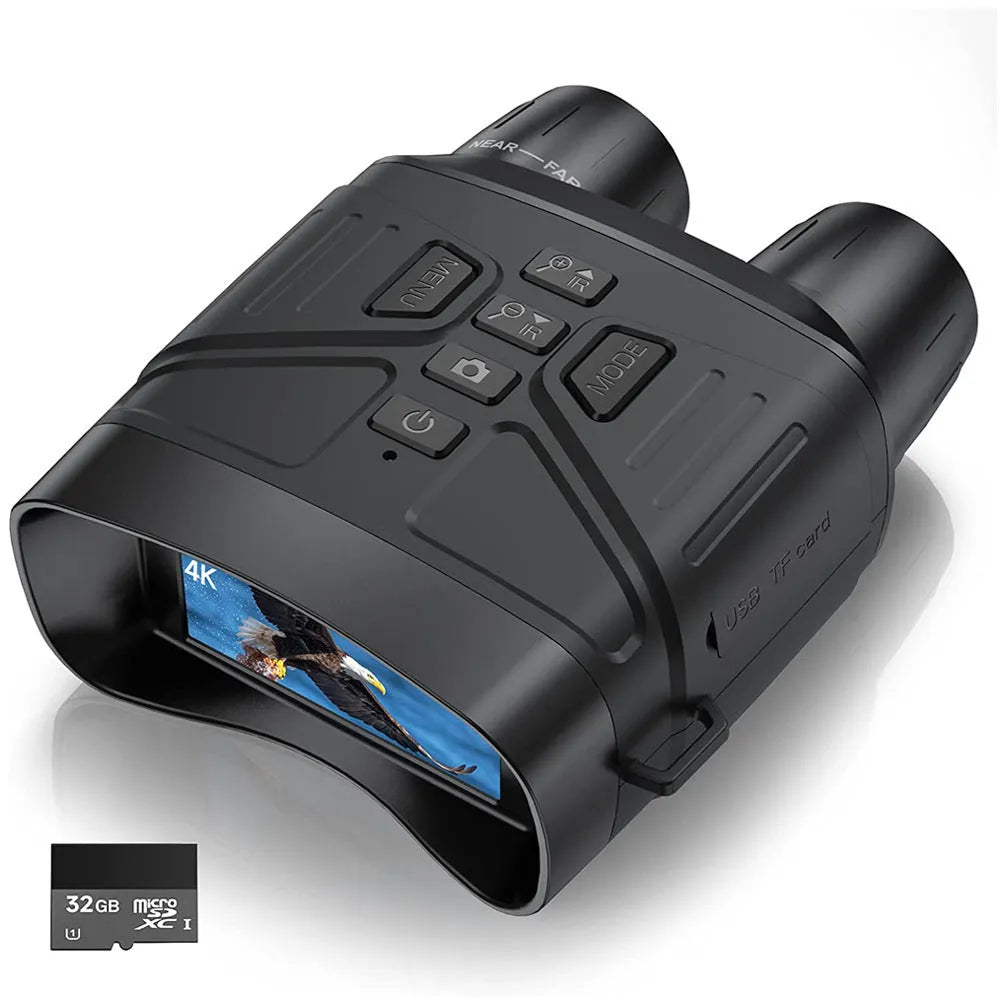 Black night vision instrument with lens and display screen showing 4K night vision capability.