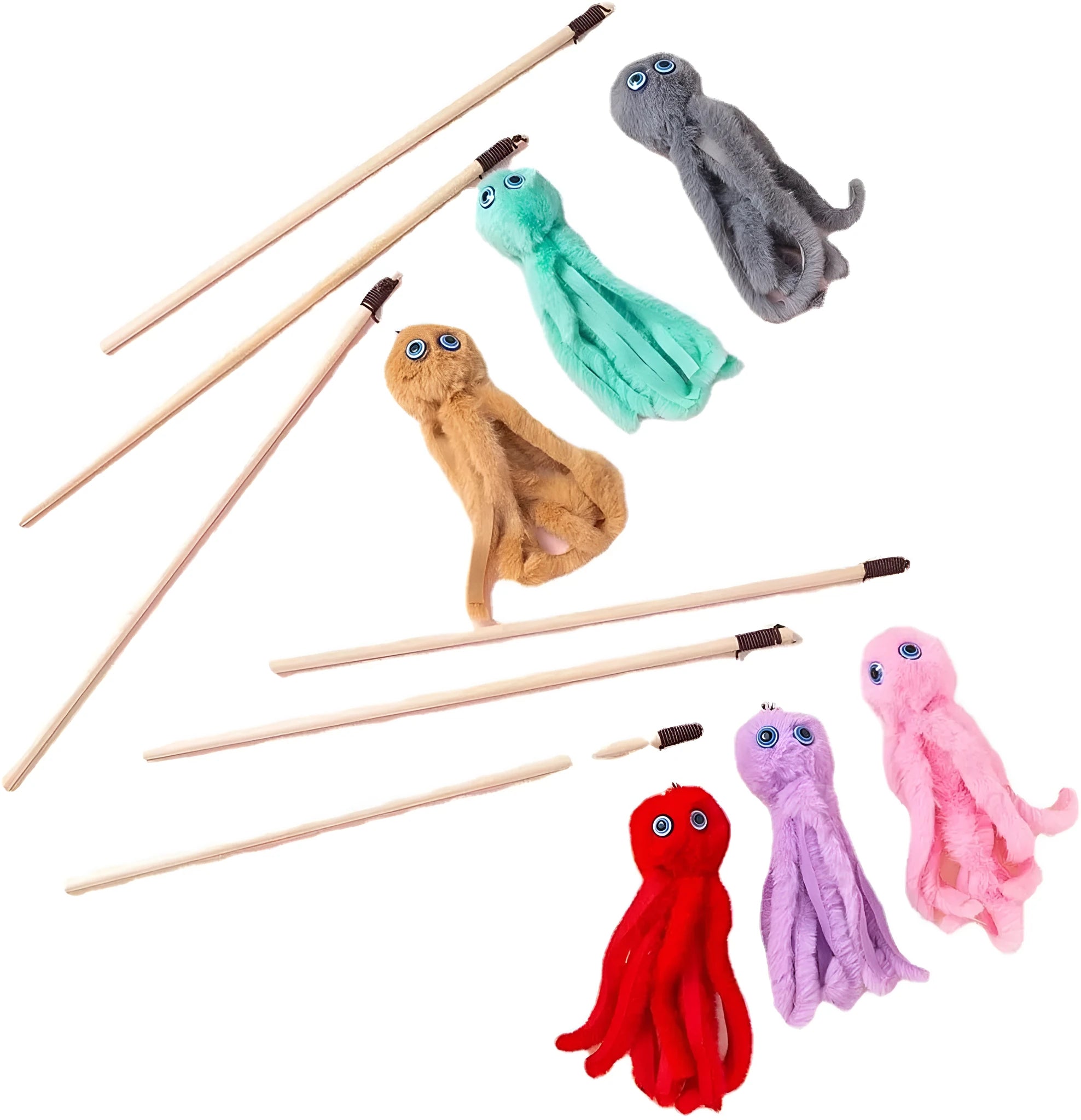 Long stick cat toy with octopus plush in grey, pink, purple or red colours, 40cm length