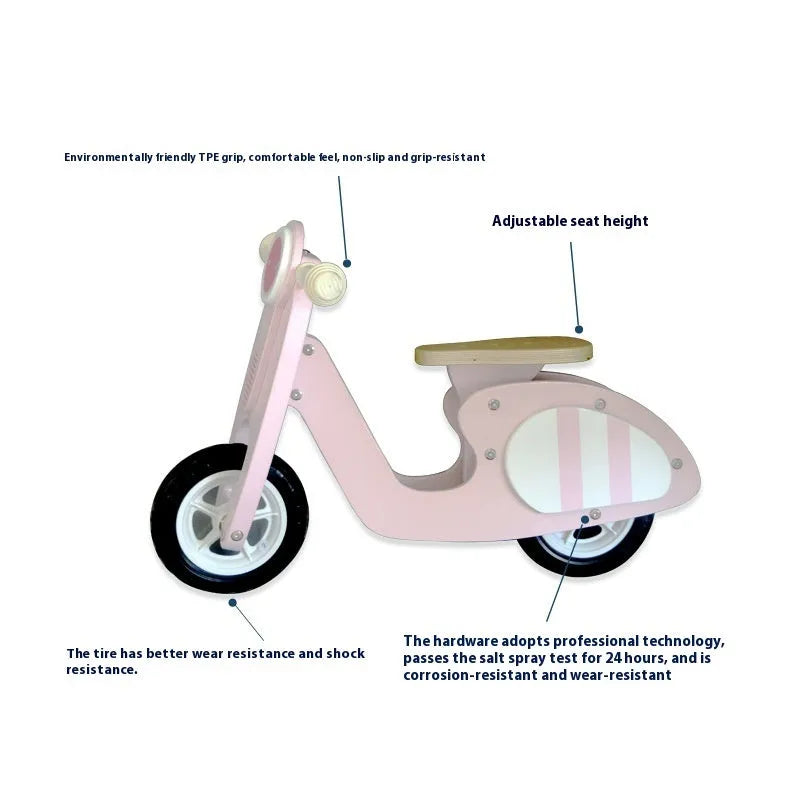 Pink wooden toddler balance scooter with 10 inch wheels for children aged 1-6 years