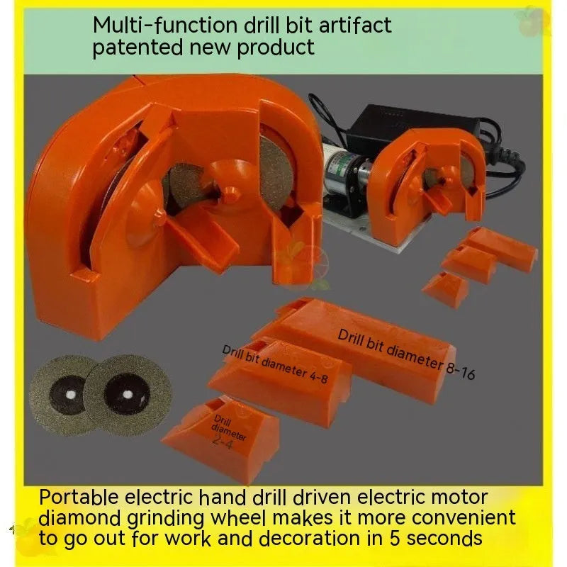 Portable universal grinding drill tool with orange sander, black sander, and replacement wheels