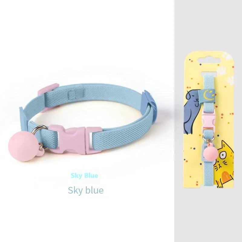 Small dog elastic pet collar in seven colour options: yellow, pink, sky blue, purple, brown, dark blue, dark green