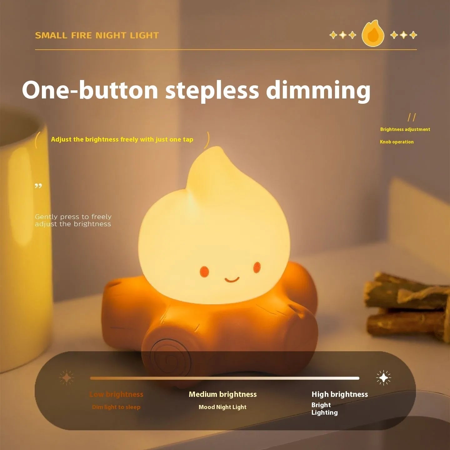 Small cartoon silicone fire pile night lamp with warm yellow lighting on wooden surface