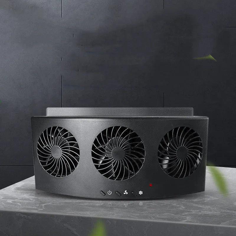Black and white car ventilation fan with USB cable for vehicle heat and odour management
