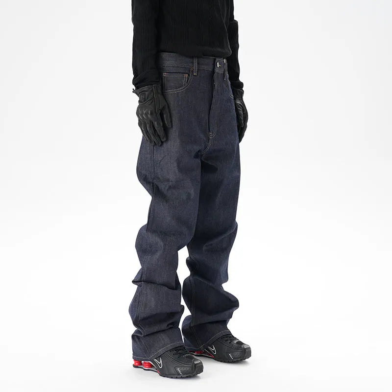 A pair of dark blue casual loose straight-cut jeans on a plain background.