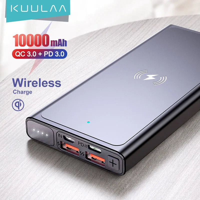 Black and blue square aluminum wireless charging power bank with integrated plug.