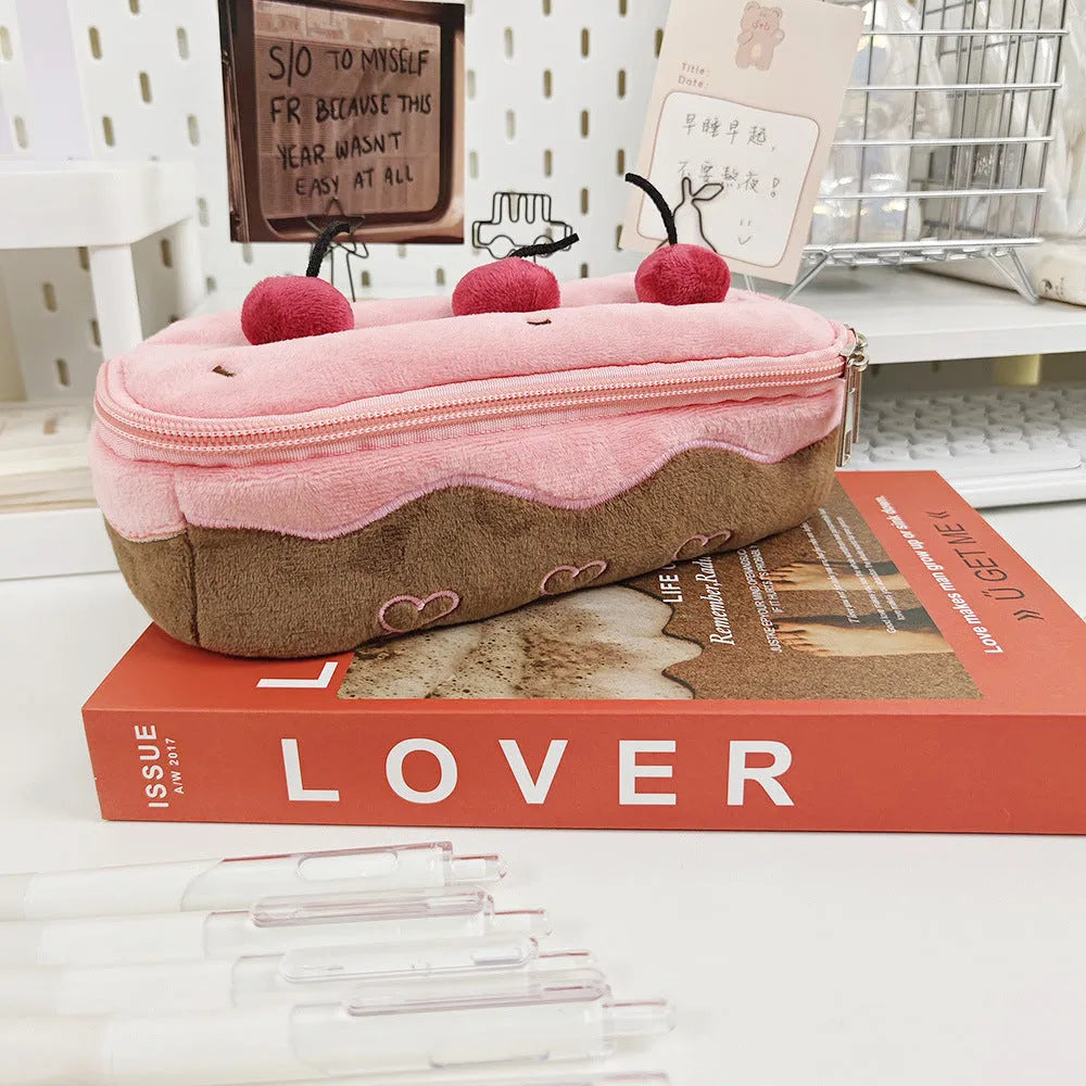 Cherry Cake coloured velvet plush pencil bag in a Korean style.