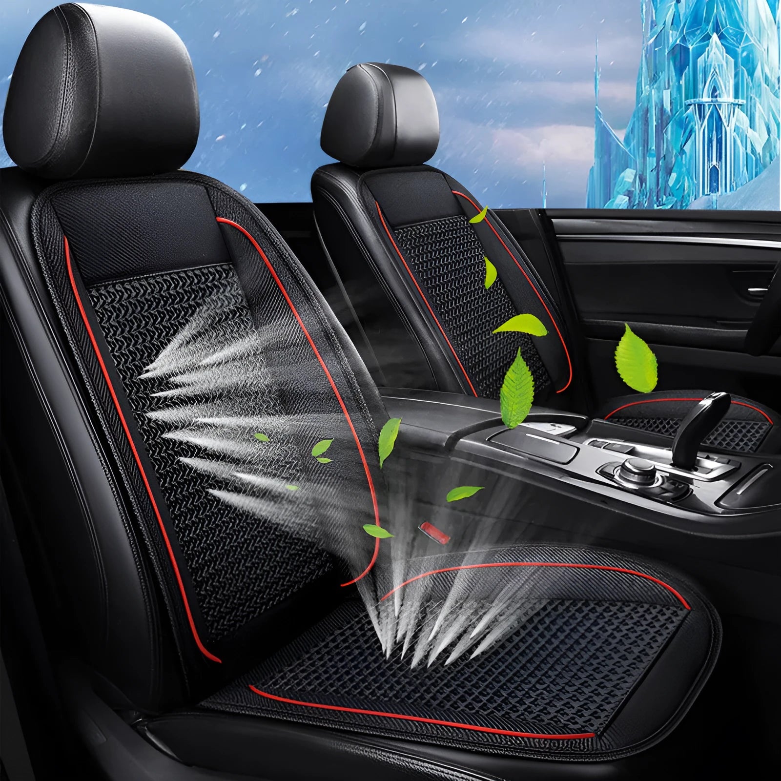 Black car ventilation seat cushion with massage function, shown at 60x60 cm size.