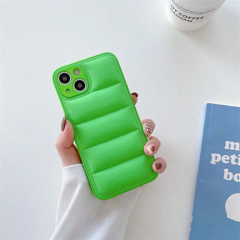 Fashion solid colour down jacket phone case for iPhone showing quilted texture