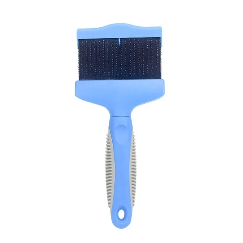 Blue double-sided pet brush with stainless steel pins on a white background