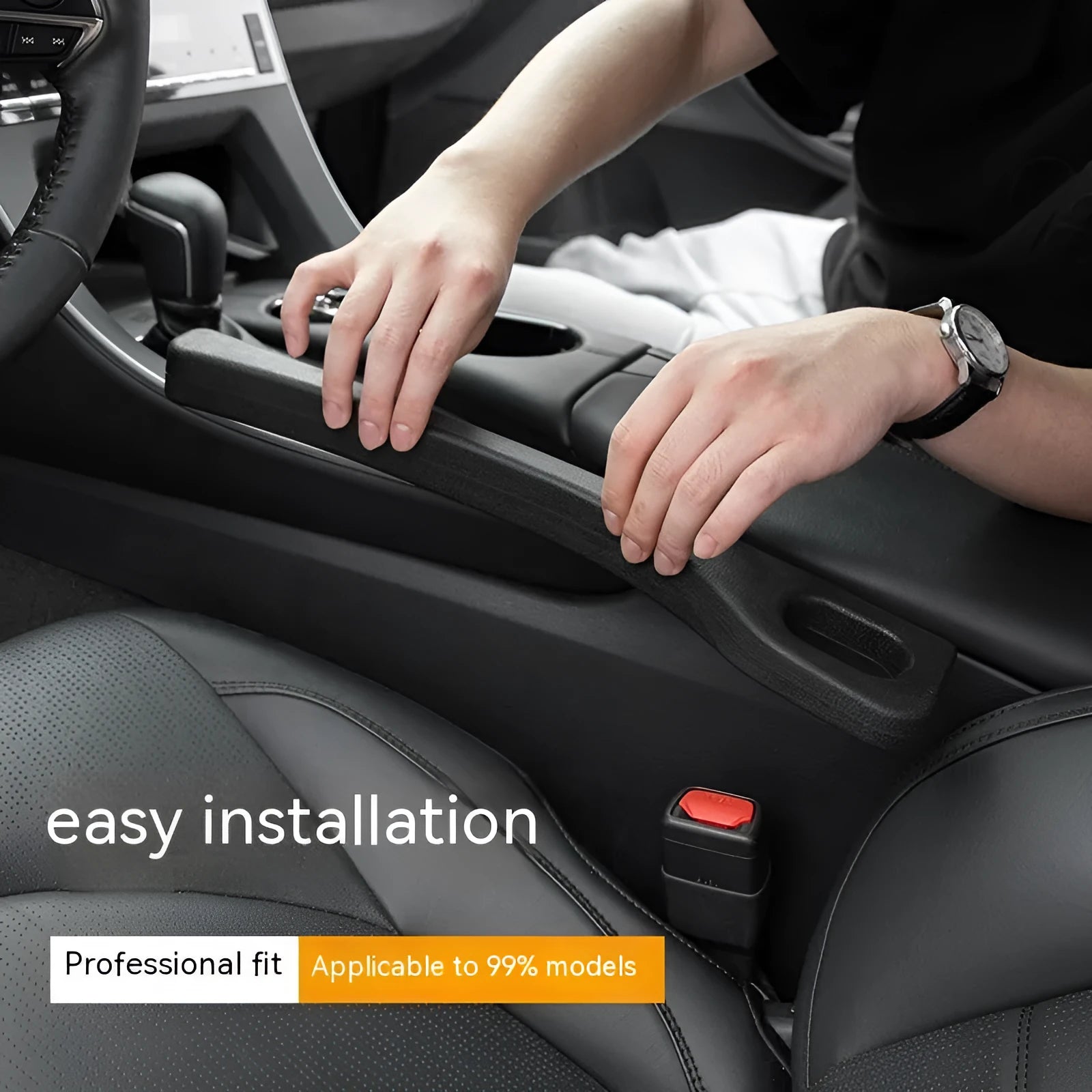 Car seat gap sealing strip in polyresin with integrated handle in four colour options