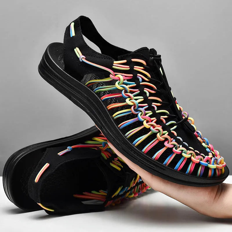 Women's and men's woven Roman sandals with an elastic drawstring tie and baotou toe.