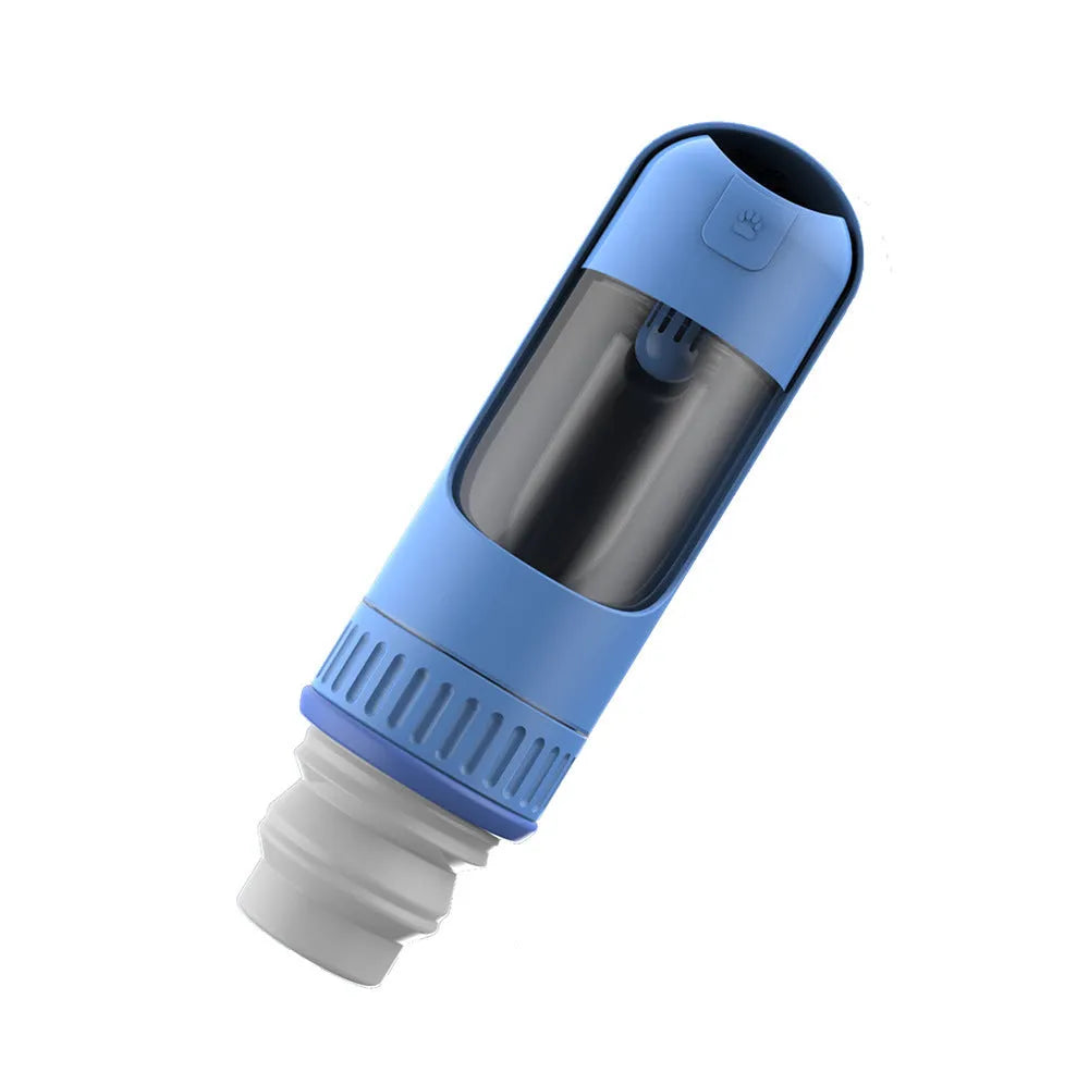 Portable dog water bottle with integrated drinking bowl in dark blue color