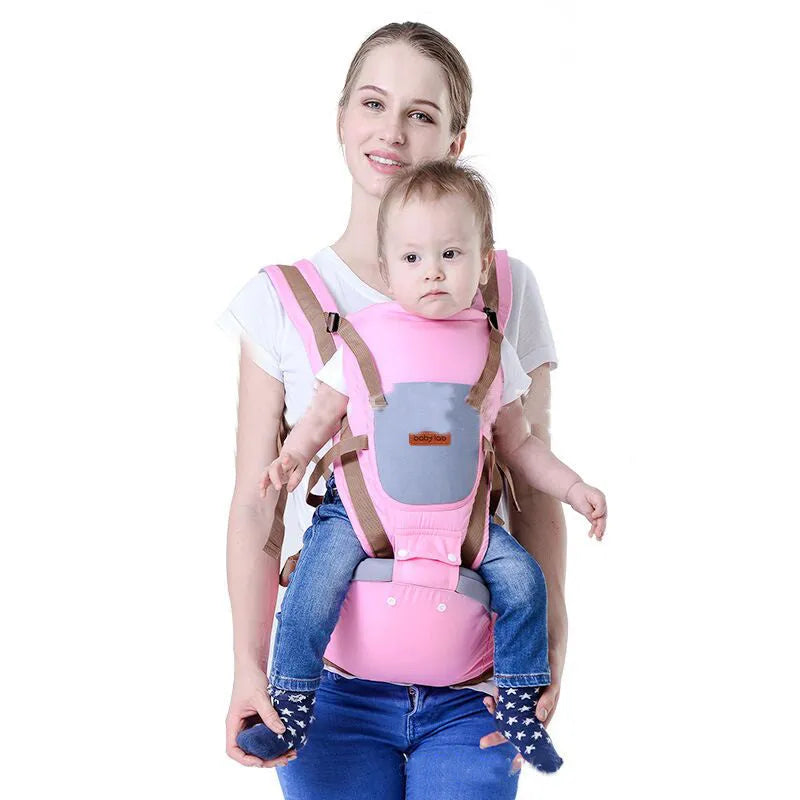 Baby carrier waist stool in pink for toddlers 3 to 36 months, compact 25x25x18cm