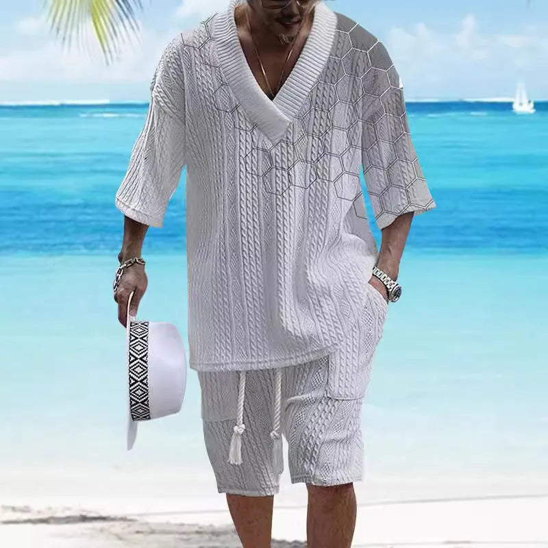 Men's printed drop-shoulder knitted short-sleeved top with matching shorts in polyester blend fabric