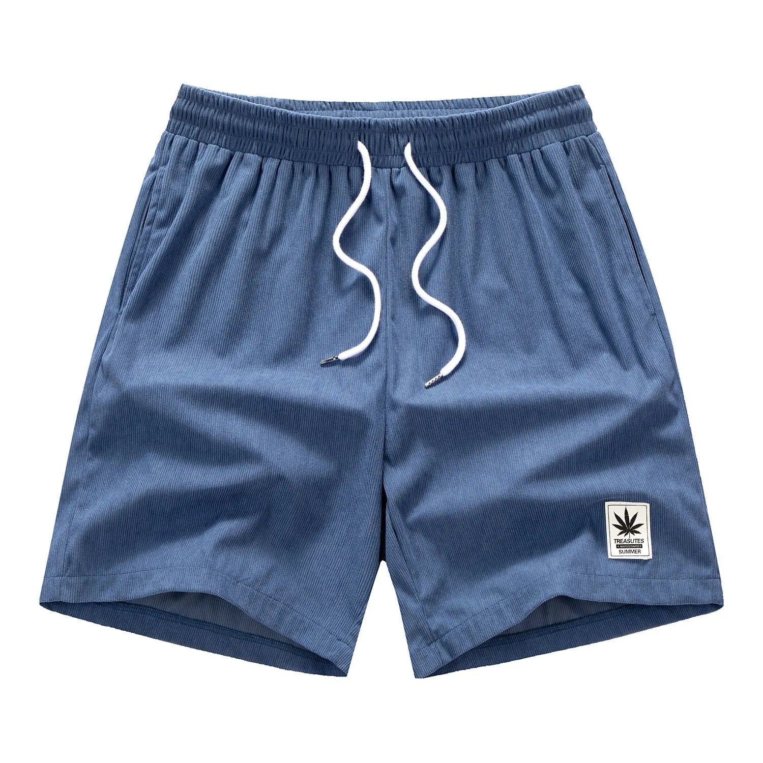 Man wearing grey straight leg drawstring summer shorts made from elastic fabric.