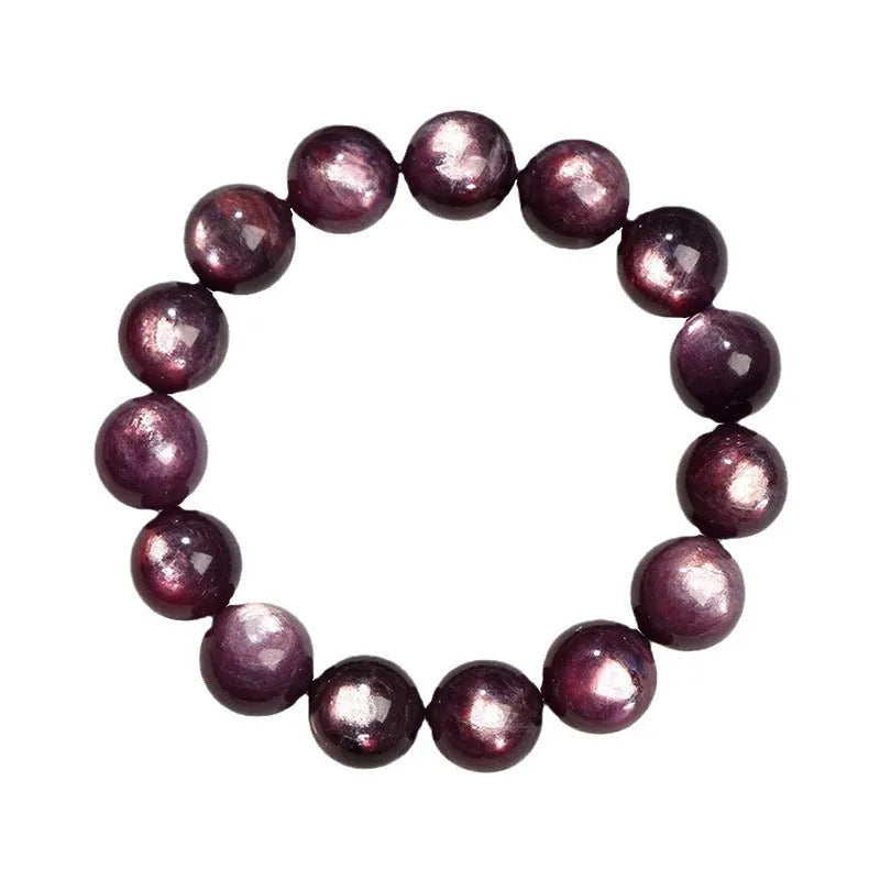 Natural purple lepidolite crystal bracelet with round polished beads in geometric arrangement
