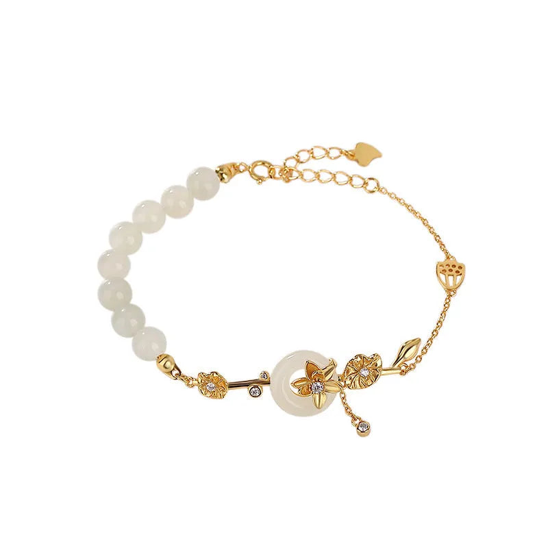 Hetian jade and 925 silver peace buckle bracelet for women in retro style.