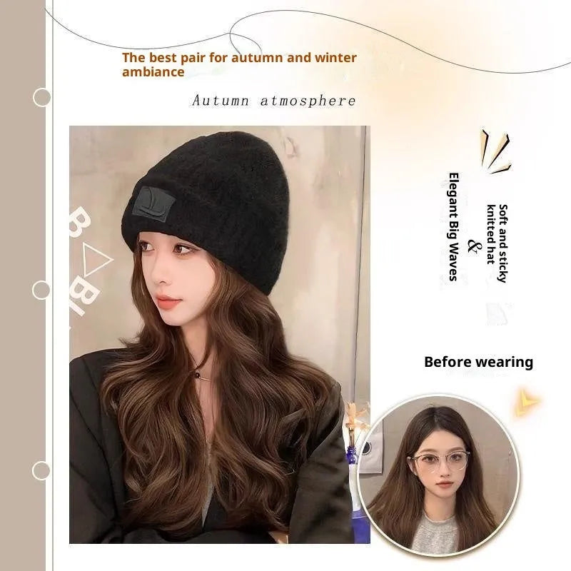 Hat wig for women with integrated cap, large head size, protein filament, big wave style, Brown Black and Cold Brown colours