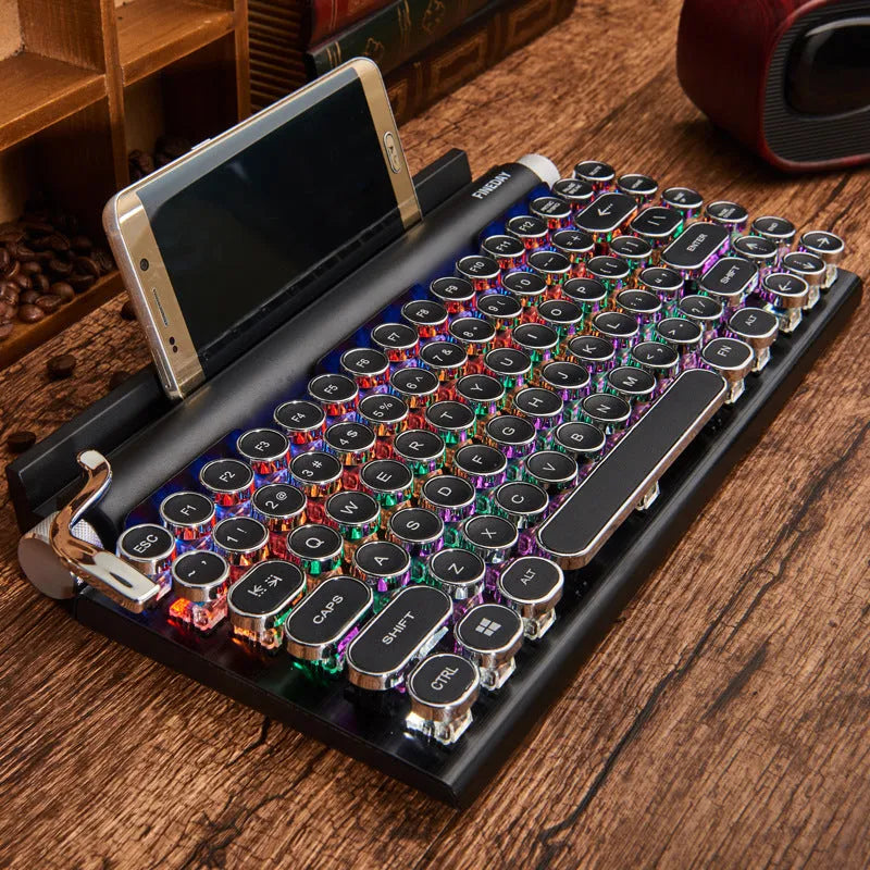 Black retro typewriter mechanical keyboard with backlighting and Bluetooth connectivity